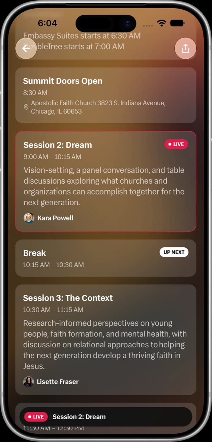 An iPhone open to the TENx10 Summit schedule.