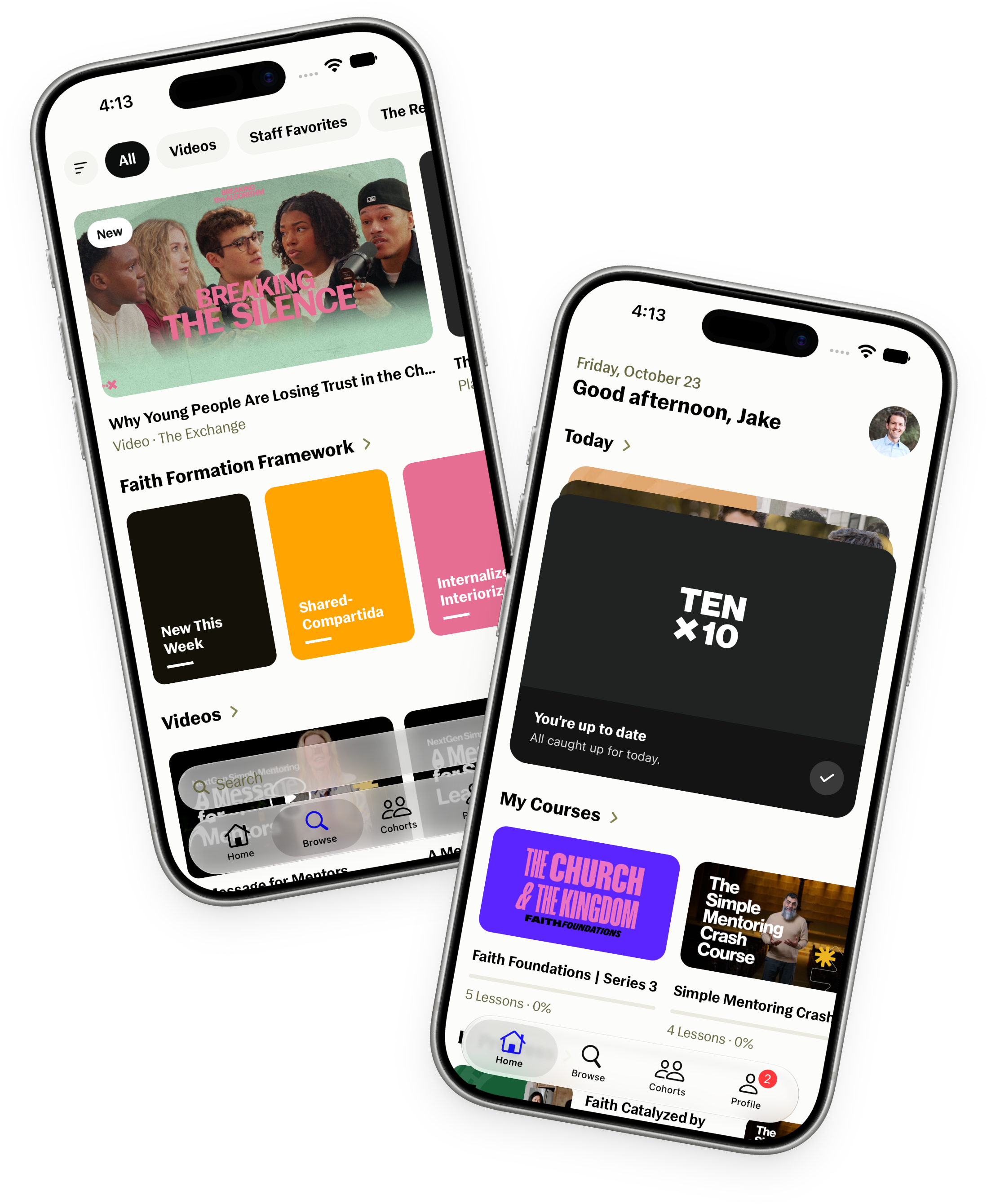 Two iPhones open to TENx10, with the library and the home screen.